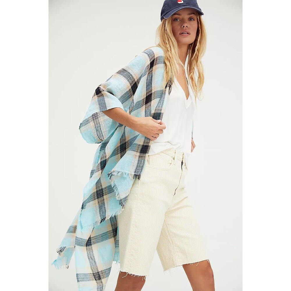 Free People Blossom Plaid Linen Kimono Shawl Teal Tan Fringe Hem Duster OS Shawl